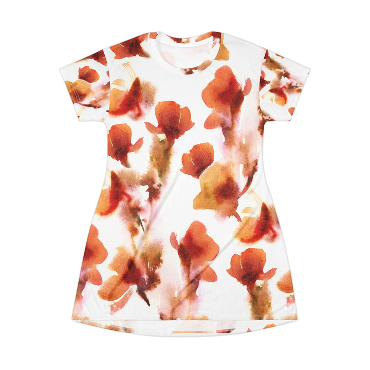 Watercolor Floral T‑Shirt Dress- Lightweight Flowy Polyester Dress with Rust &amp; Amber All-Over Print