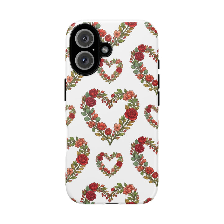 Rose Heart Floral Phone Case – Dual-Layer Drop Protection with Wireless Charging Support