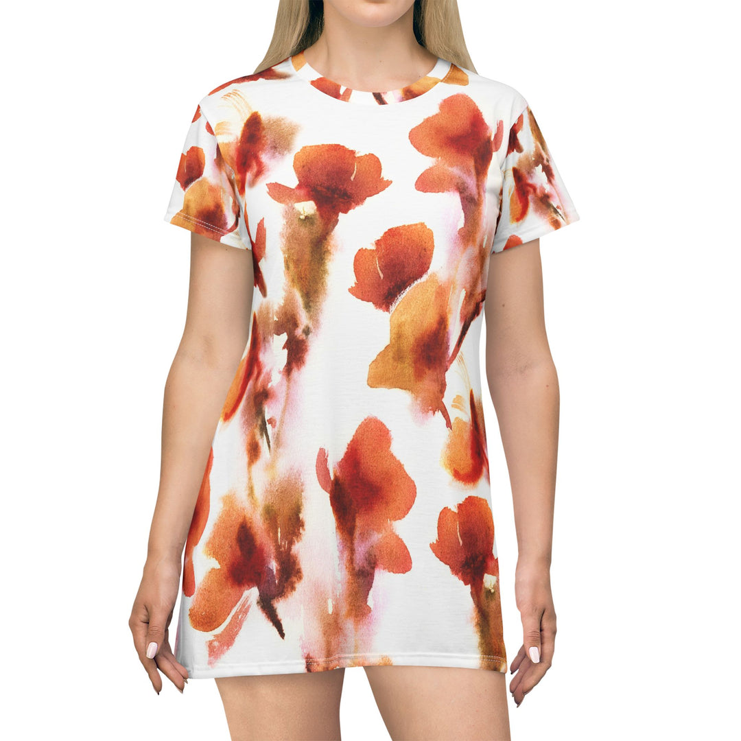 Watercolor Floral T‑Shirt Dress- Lightweight Flowy Polyester Dress with Rust &amp; Amber All-Over Print