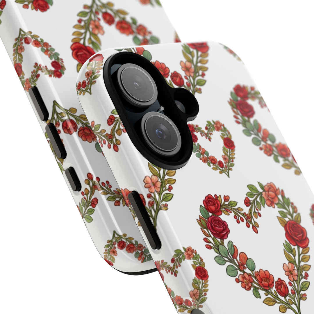 Rose Heart Floral Phone Case – Dual-Layer Drop Protection with Wireless Charging Support