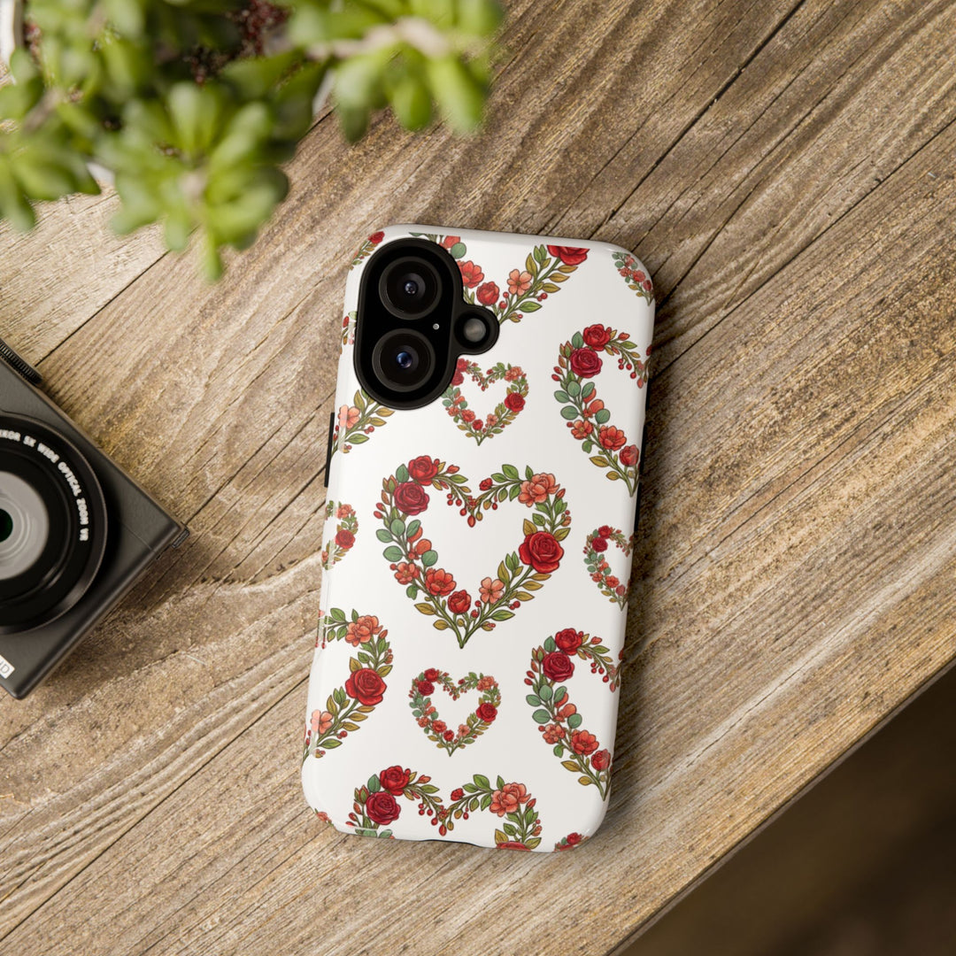 Rose Heart Floral Phone Case – Dual-Layer Drop Protection with Wireless Charging Support