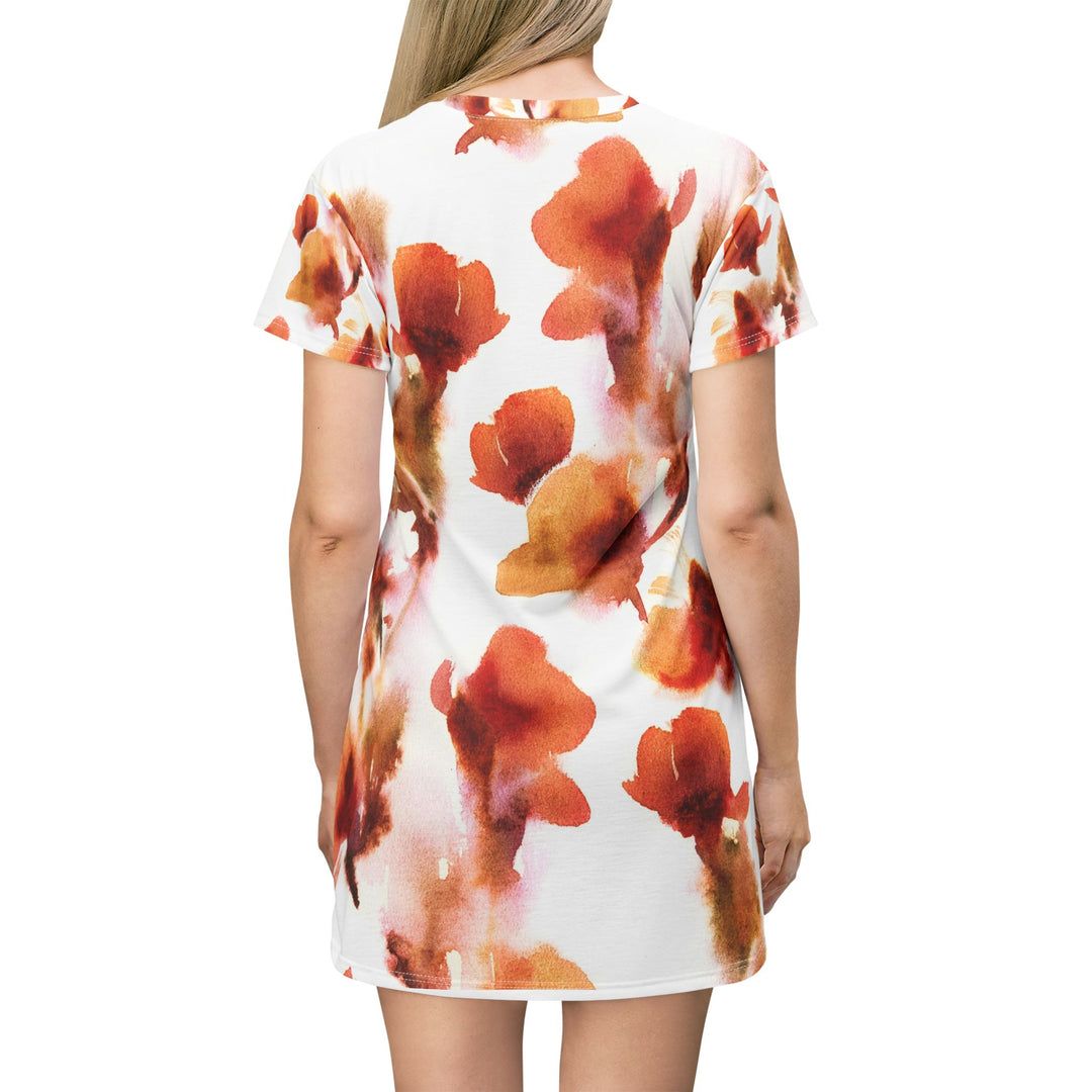 Watercolor Floral T‑Shirt Dress- Lightweight Flowy Polyester Dress with Rust &amp; Amber All-Over Print