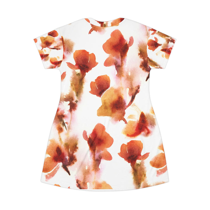Watercolor Floral T‑Shirt Dress- Lightweight Flowy Polyester Dress with Rust &amp; Amber All-Over Print