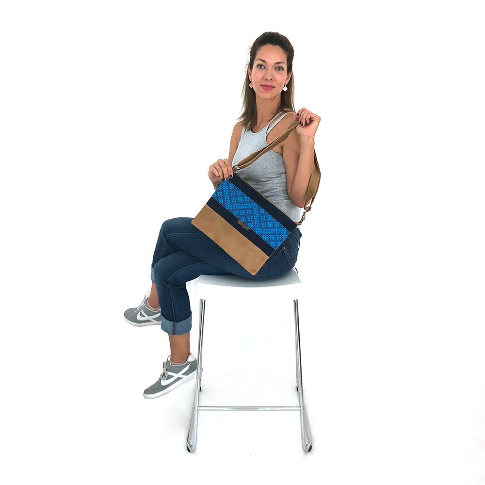 Cross-Body Bag in Camel Leather with Blue Stripe.